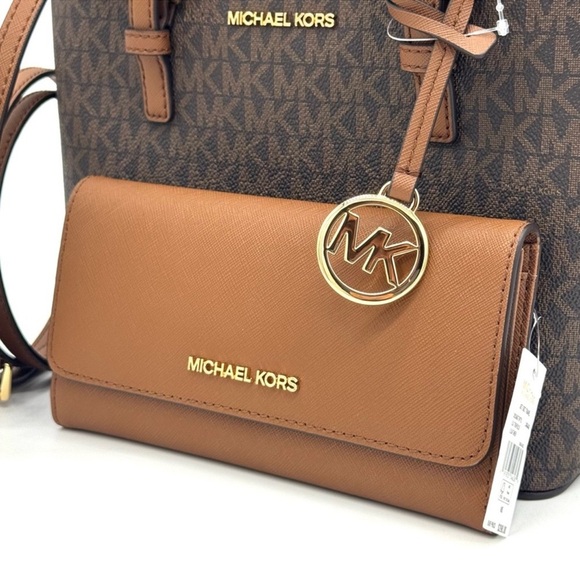 Michael Kors Jet Set Travel Extra-Small Top-Zip lote Bag & Trifold Wallet Brown - Picture 10 of 12